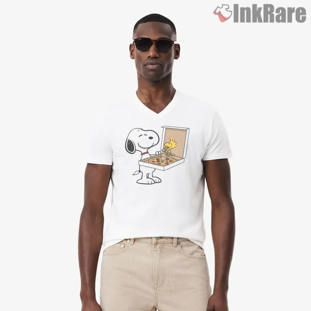 Snoopy Serving Pizza To Woodstock Fun Food Shirt on white v-neck shirt for men graphic tee
