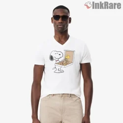 Snoopy Serving Pizza To Woodstock Fun Food Shirt on white v-neck shirt for men graphic tee