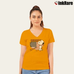 Women’s Snoopy Since 1950 American Flag Cartoon V-Neck Tee in orange | Chic Neckline, Soft Texture