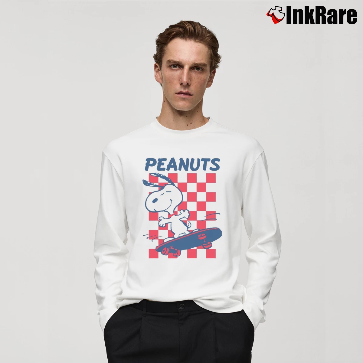 Snoopy Skateboarding Cartoon Men’s Long-Sleeve Tee in white – Versatile Layering Men’s Snoopy Skateboarding Cartoon Long-Sleeve Shirt in white | Sleek, Lightweight, Year-Round Wear