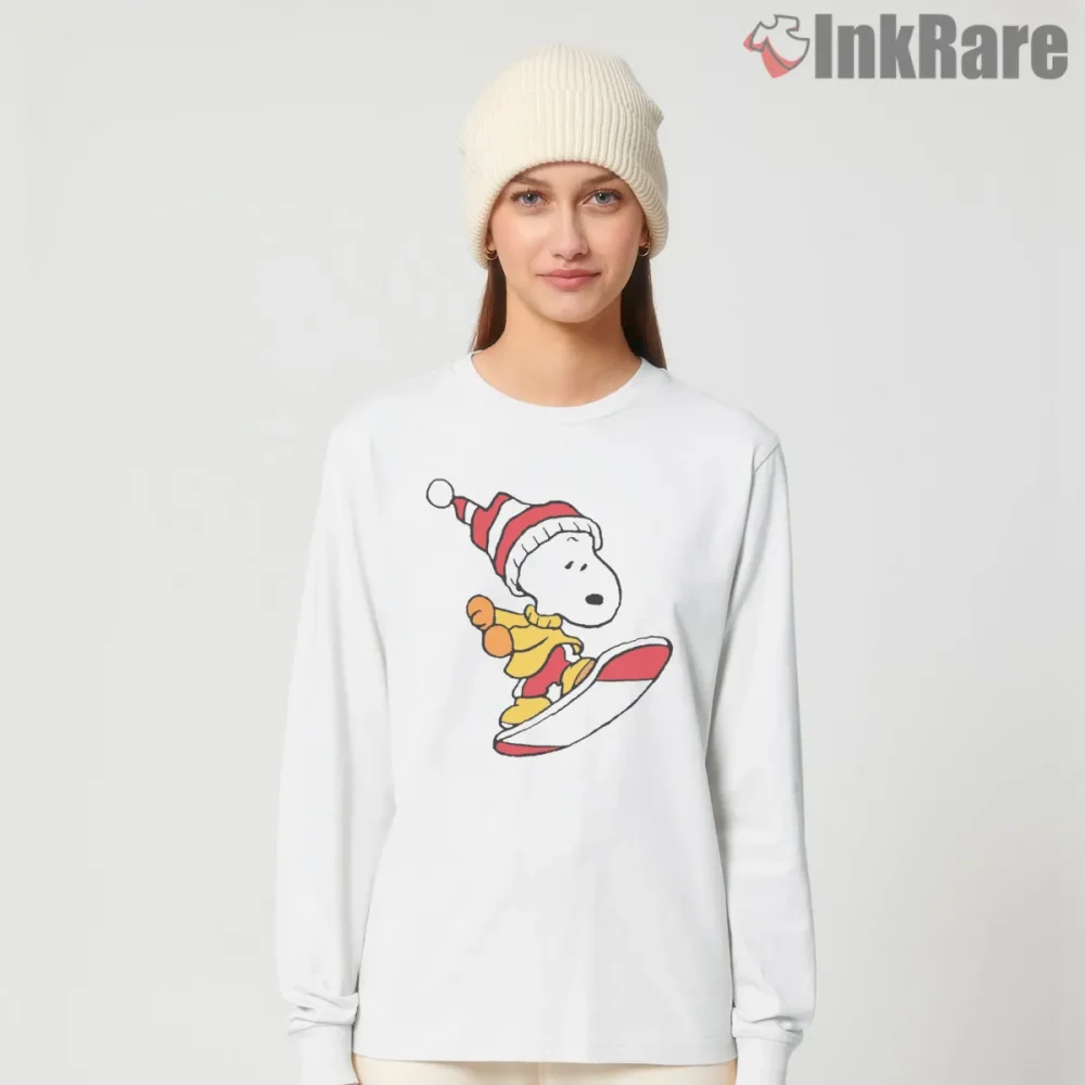 Snoopy Skateboarding Winter Fun Shirt on white long sleeve shirt for women graphic tee
