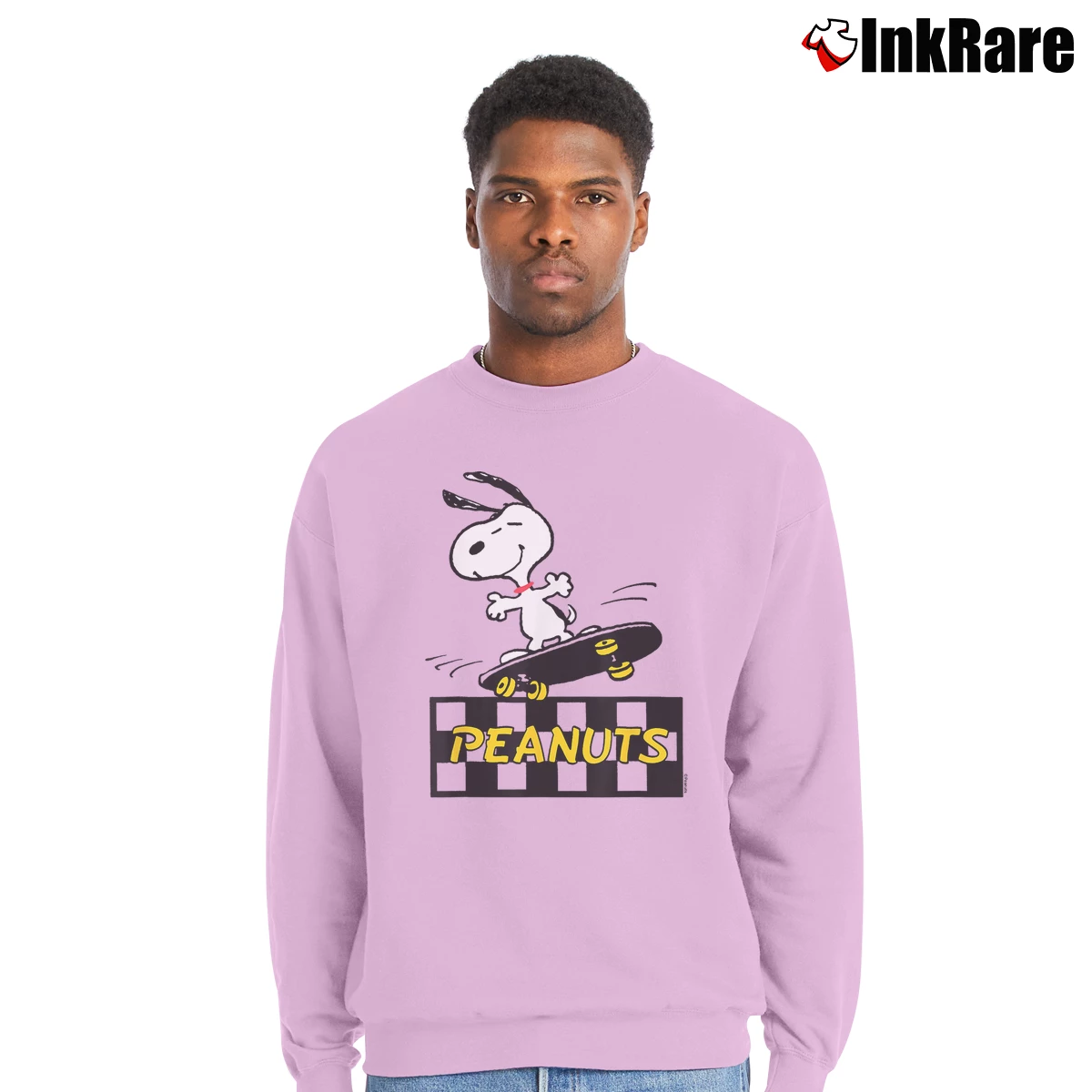 Snoopy Skater Men’s Crewneck Sweatshirt in light pink – Soft & Durable Men’s Snoopy Skater Crewneck Sweatshirt in light pink | Cozy Fabric, Clean Style