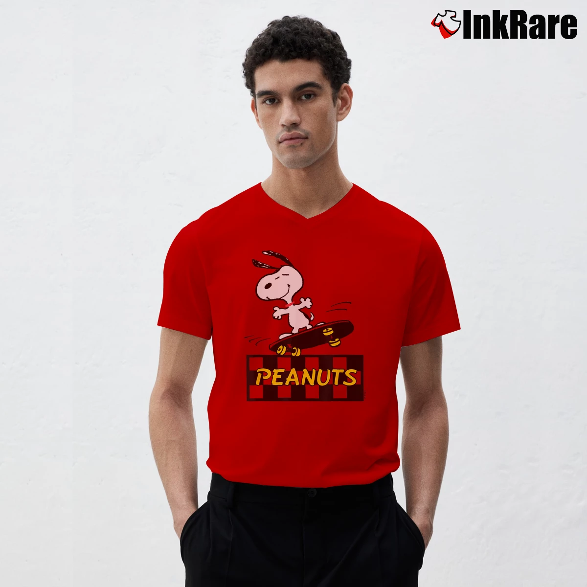 Snoopy Skater Men’s V-Neck Tee in red – Modern Essential Men’s Snoopy Skater V-Neck Tee in red | Sharp, Breathable, Everyday Staple