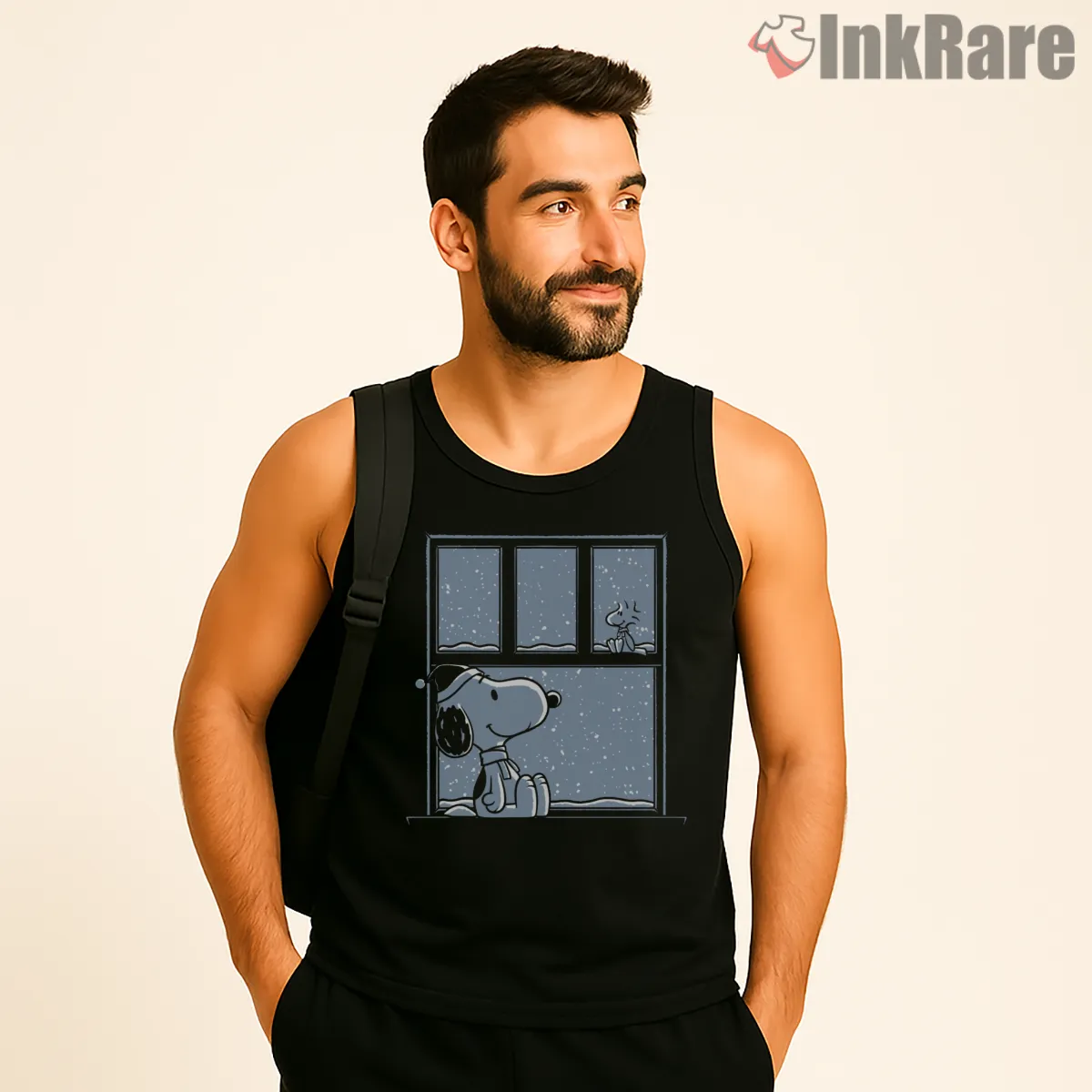 Snoopy Snowy Day Window Winter Shirt on black tank top for men graphic tee