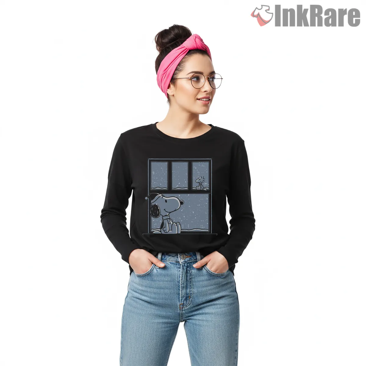 Snoopy Snowy Day Window Winter Long Sleeve Black Snoopy Snowy Day Window Winter Shirt on black long sleeve shirt for women graphic tee