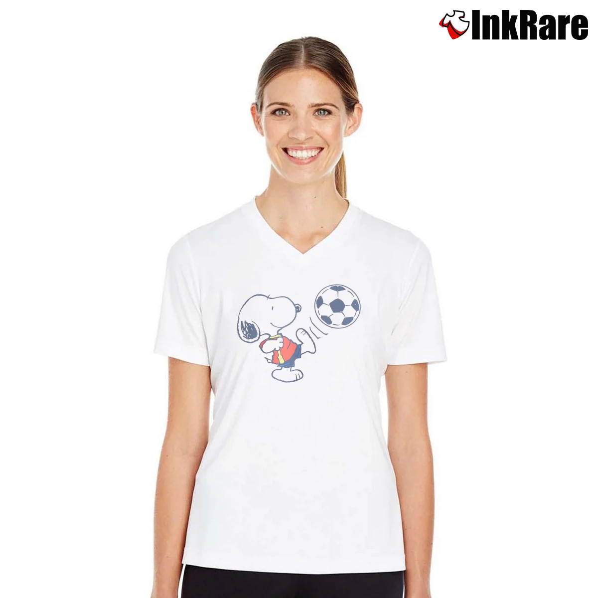 Snoopy Soccer Player Women’s V-Neck Tee in white – Flattering Fit Women’s Snoopy Soccer Player V-Neck Tee in white | Chic Neckline, Soft Texture