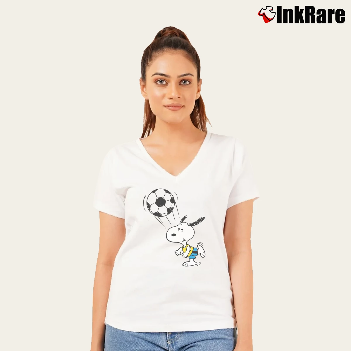 Snoopy Soccer Women’s V-Neck Tee in white – Flattering Fit Women’s Snoopy Soccer V-Neck Tee in white | Chic Neckline, Soft Texture