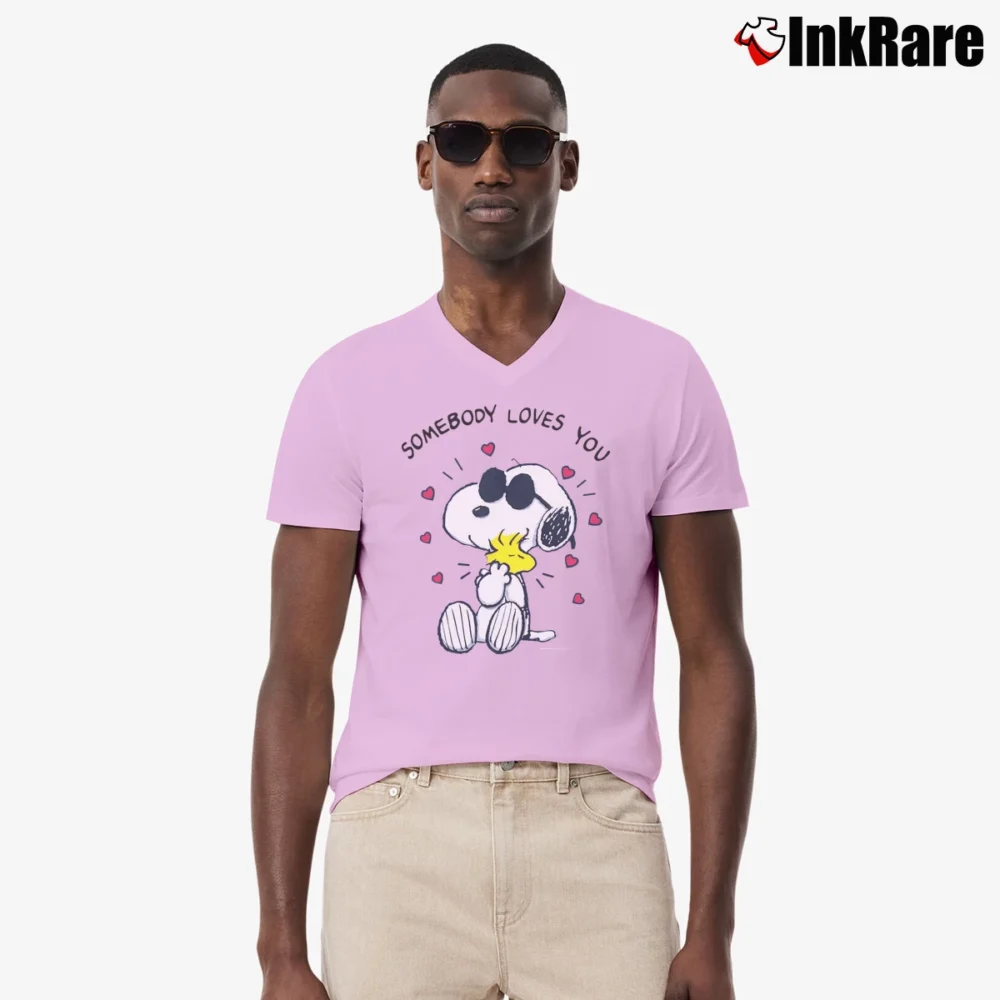 Men’s Snoopy Somebody Loves You Cartoon Network Peanuts V-Neck Tee in light pink | Sharp, Breathable, Everyday Staple