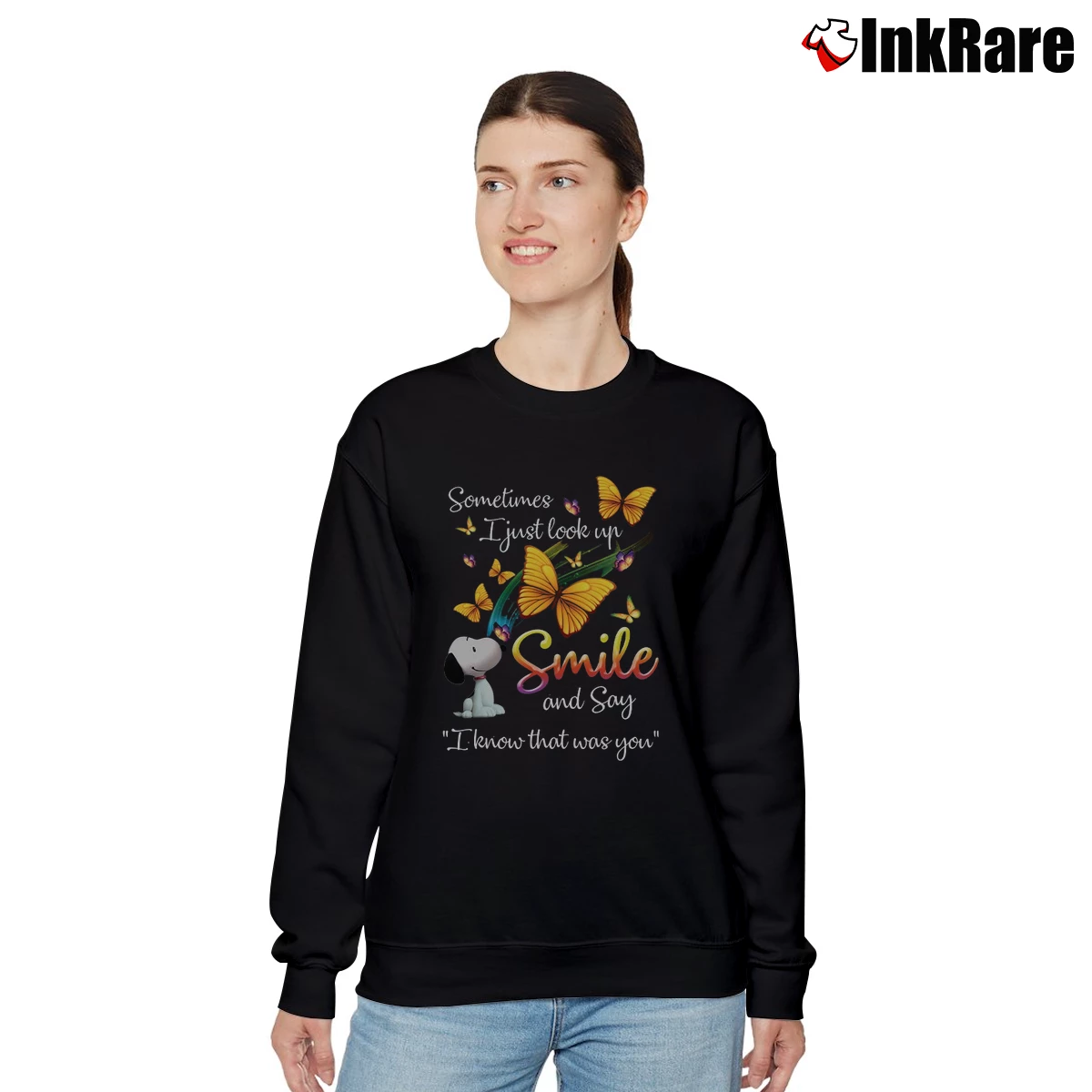 Snoopy Sometimes I Just Look Up Smile And Say I Know That Was You Women’s Relaxed Sweatshirt in black – Cozy Casual Women’s Snoopy Sometimes I Just Look Up Smile And Say I Know That Was You Relaxed Sweatshirt in black | Soft, Laid-Back Vibe