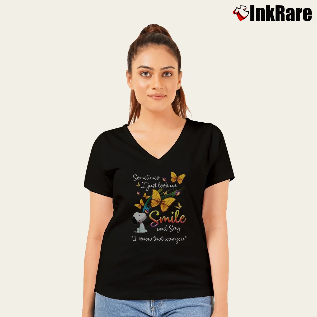 Snoopy Sometimes I Just Look Up Smile And Say I Know That Was You Women’s V-Neck Tee in black – Flattering Fit Women’s Snoopy Sometimes I Just Look Up Smile And Say I Know That Was You V-Neck Tee in black | Chic Neckline, Soft Texture