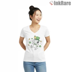 Snoopy St Patricks Day Lucky Clover Shirt on white v-neck shirt for women graphic tee