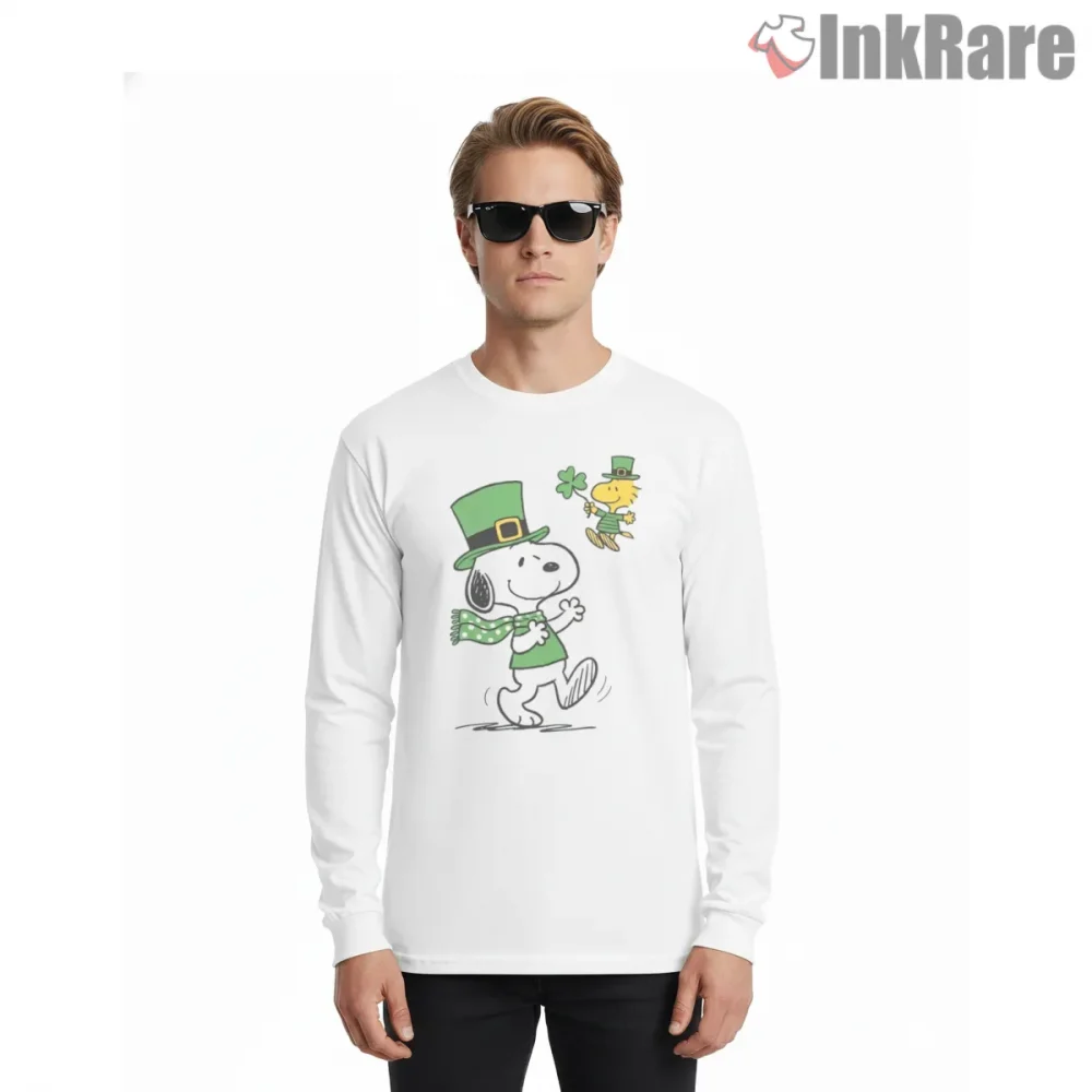 Snoopy St Patricks Day Lucky Leprechaun Shirt on white long sleeve shirt for men graphic tee