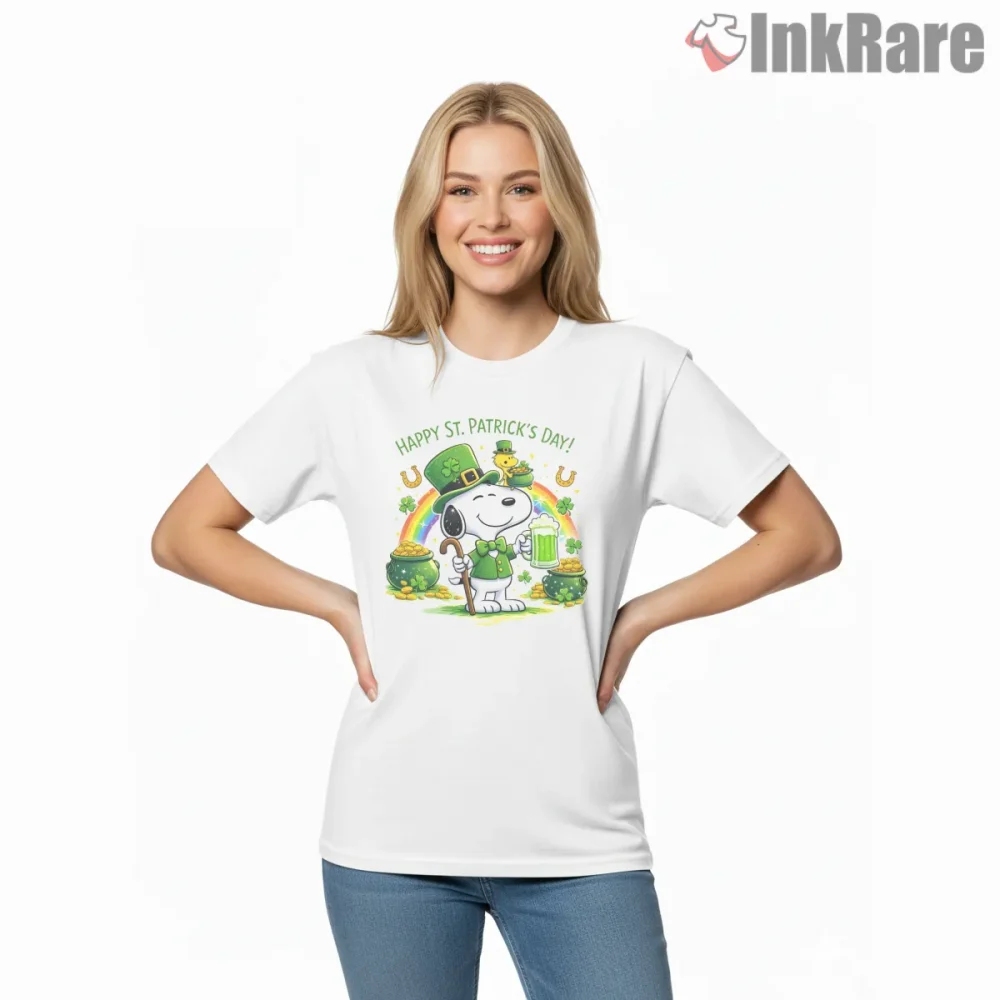 Snoopy St Patricks Day Lucky Rainbow Shirt on white short sleeve shirt for women graphic tee