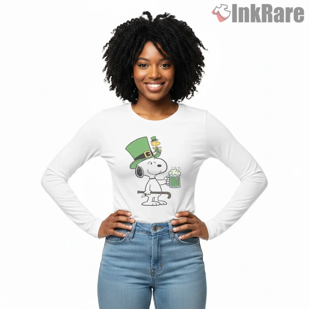 Snoopy St Patricks Day Shamrock Celebration Shirt on white long sleeve shirt for women graphic tee