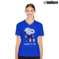 Women’s Snoopy Star Trek Captain Picard Make It So V-Neck Tee in royal blue | Chic Neckline, Soft Texture