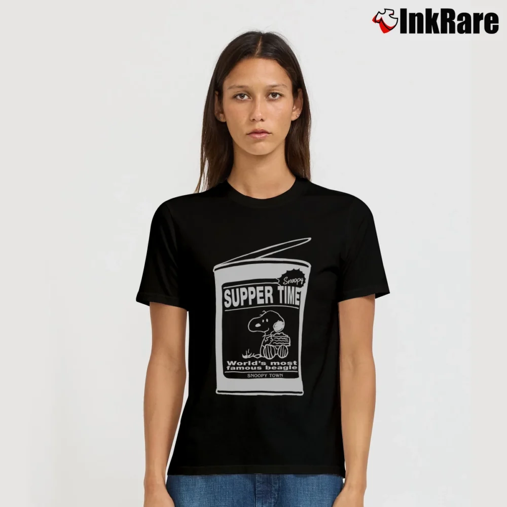 Women’s Snoopy Suppertime Peanuts Hip Hop Cartoon Signature T-Shirt in black | Soft, Flattering Fit