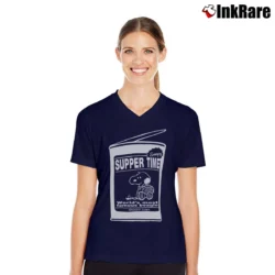 Women’s Snoopy Suppertime Peanuts Hip Hop Cartoon V-Neck Tee in navy | Chic Neckline, Soft Texture