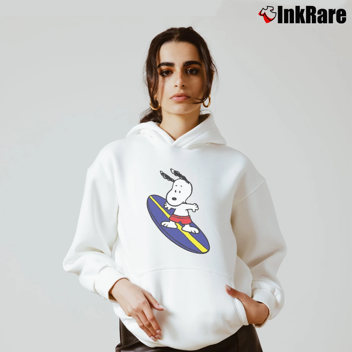 Women’s Snoopy Surfing Cozy Hoodie in white | Warm, Structured, Stylish