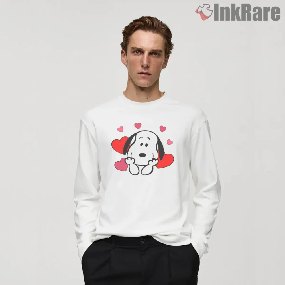 Snoopy Surrounded By Red Valentine Hearts Shirt on white long sleeve shirt for men graphic tee