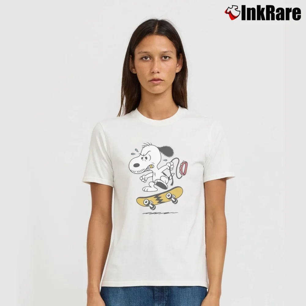 Women’s Snoopy Sweat Leash Teeth Skateboarding Cartoon T-Shirt in white | Soft, Flattering Fit