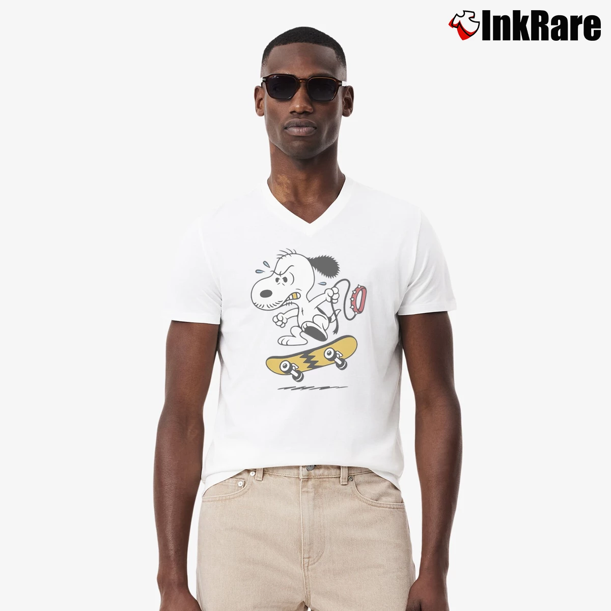 Men’s Snoopy Sweat Leash Teeth Skateboarding Cartoon V-Neck Tee in white | Sharp, Breathable, Everyday Staple