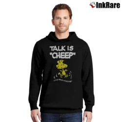Men’s Snoopy Talk Is Cheep Little Friend Woodstock Cartoon Pullover Hoodie in black | Cozy, Durable, Modern Fit