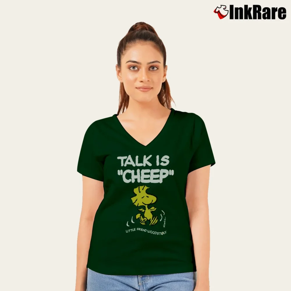 Women’s Snoopy Talk Is Cheep Little Friend Woodstock Cartoon V-Neck Tee in forest green | Chic Neckline, Soft Texture