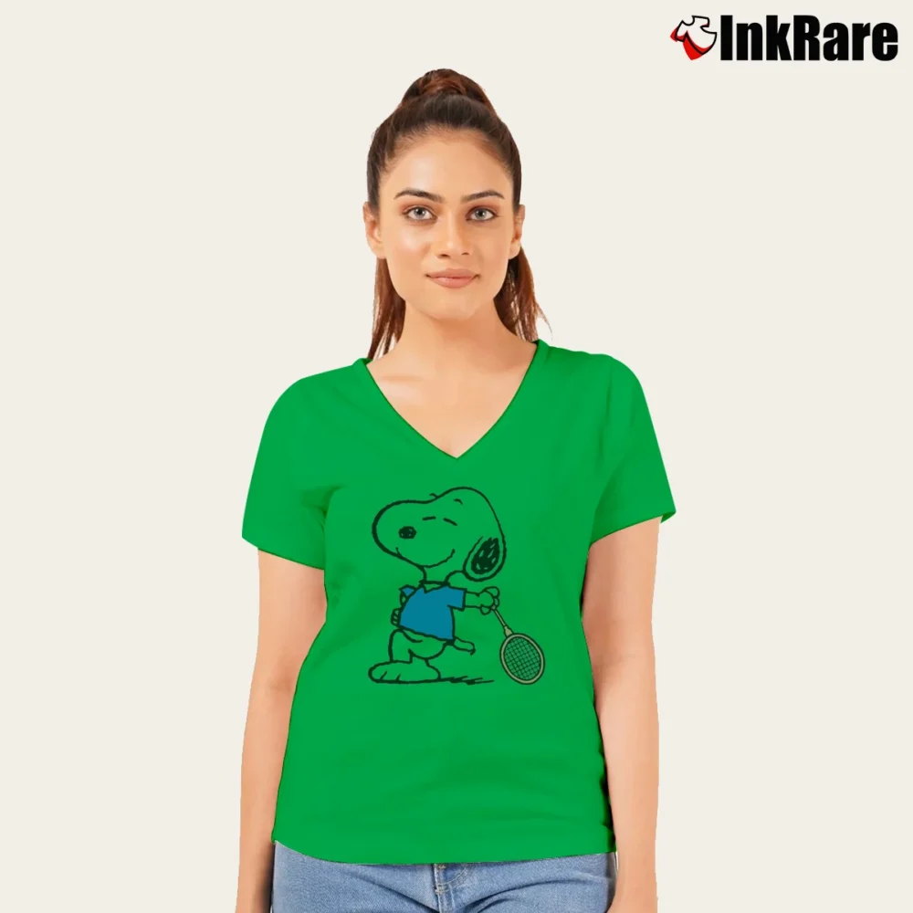 Women’s Snoopy Tennis And Badminton Player Gift Fun V-Neck Tee in irish green | Chic Neckline, Soft Texture