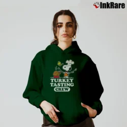 Women’s Snoopy Thanksgiving Turkey Tasting Crew Peanuts Cozy Hoodie in forest green | Warm, Structured, Stylish