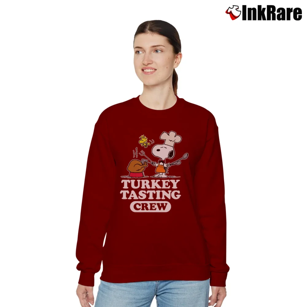Women’s Snoopy Thanksgiving Turkey Tasting Crew Peanuts Relaxed Sweatshirt in maroon | Soft, Laid-Back Vibe