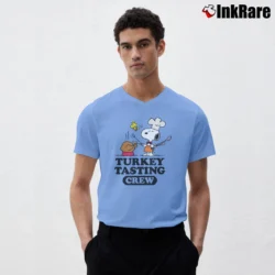 Men’s Snoopy Thanksgiving Turkey Tasting Crew Vintage V-Neck Tee in light blue | Sharp, Breathable, Everyday Staple
