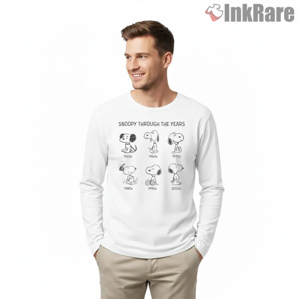 Snoopy Through The Years Classic Evolution Shirt on white long sleeve shirt for men graphic tee