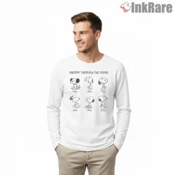 Snoopy Through The Years Classic Evolution Shirt on white long sleeve shirt for men graphic tee