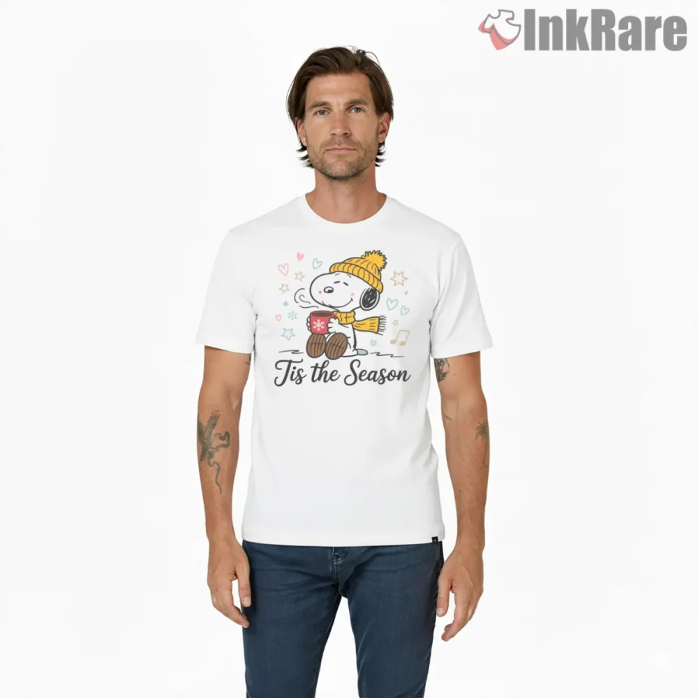 Snoopy Tis The Season Winter Mug Shirt on white short sleeve shirt for men graphic tee