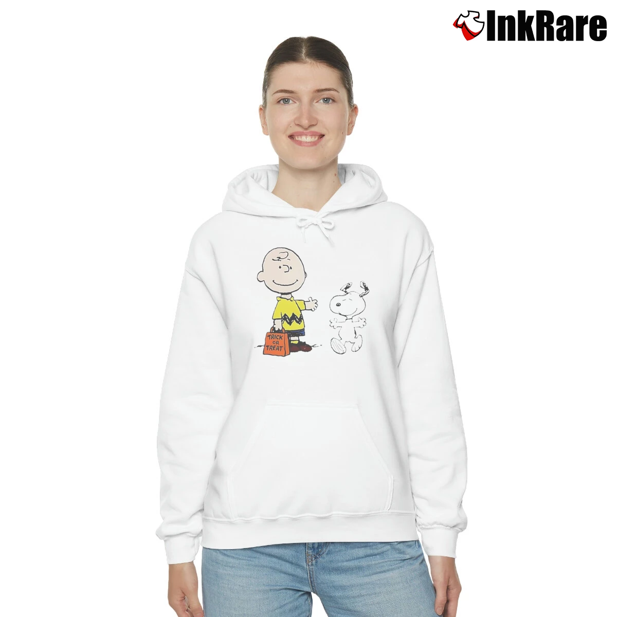 Snoopy Trick Or Treat Cartoon Women’s Cozy Hoodie in white – Urban Chic Women’s Snoopy Trick Or Treat Cartoon Cozy Hoodie in white | Warm, Structured, Stylish
