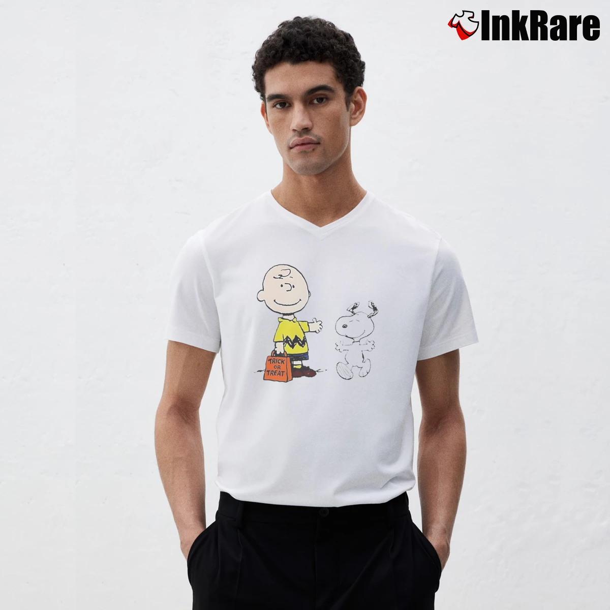 Snoopy Trick Or Treat Cartoon Men’s V-Neck Tee in white – Modern Essential Men’s Snoopy Trick Or Treat Cartoon V-Neck Tee in white | Sharp, Breathable, Everyday Staple