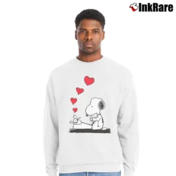 Men’s Snoopy Typing Love Funny Crewneck Sweatshirt in white | Cozy Fabric, Clean Style