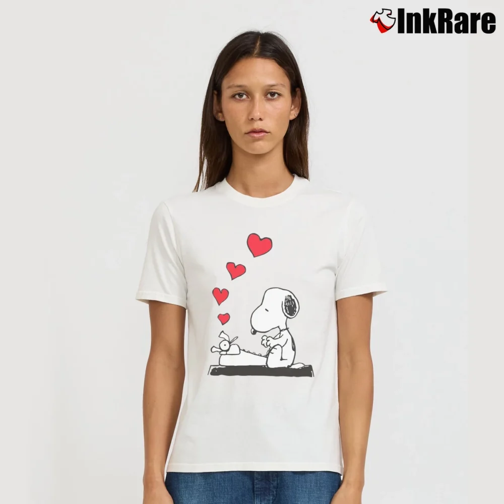 Women’s Snoopy Typing Love Funny Signature T-Shirt in white | Soft, Flattering Fit