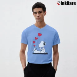 Men’s Snoopy Typing Love Funny V-Neck Tee in light blue | Sharp, Breathable, Everyday Staple