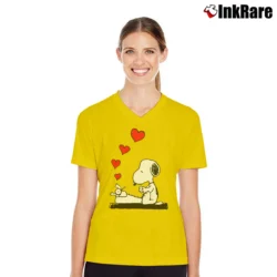 Women’s Snoopy Typing Love Funny V-Neck Tee in yellow | Chic Neckline, Soft Texture