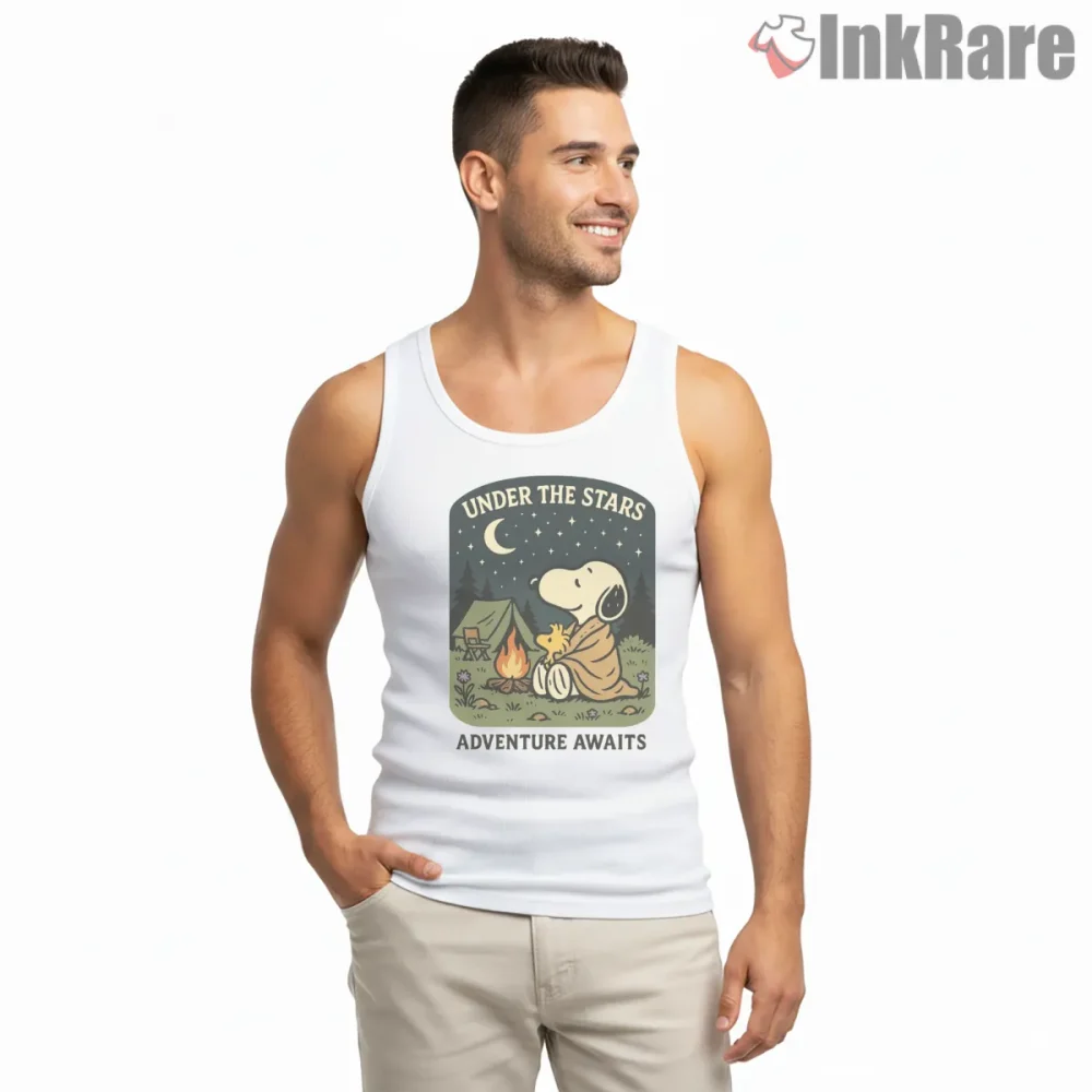 Snoopy Under The Stars Adventure Awaits Shirt on white tank top for men graphic tee