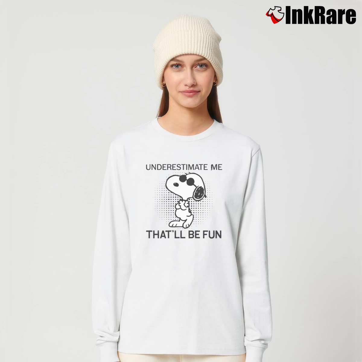 Snoopy Underestimate Me That’ll Be Fun Women’s Long-Sleeve Top in white – Effortless Layer Women’s Snoopy Underestimate Me That'll Be Fun Long-Sleeve Top in white | Sleek, Versatile, All-Season