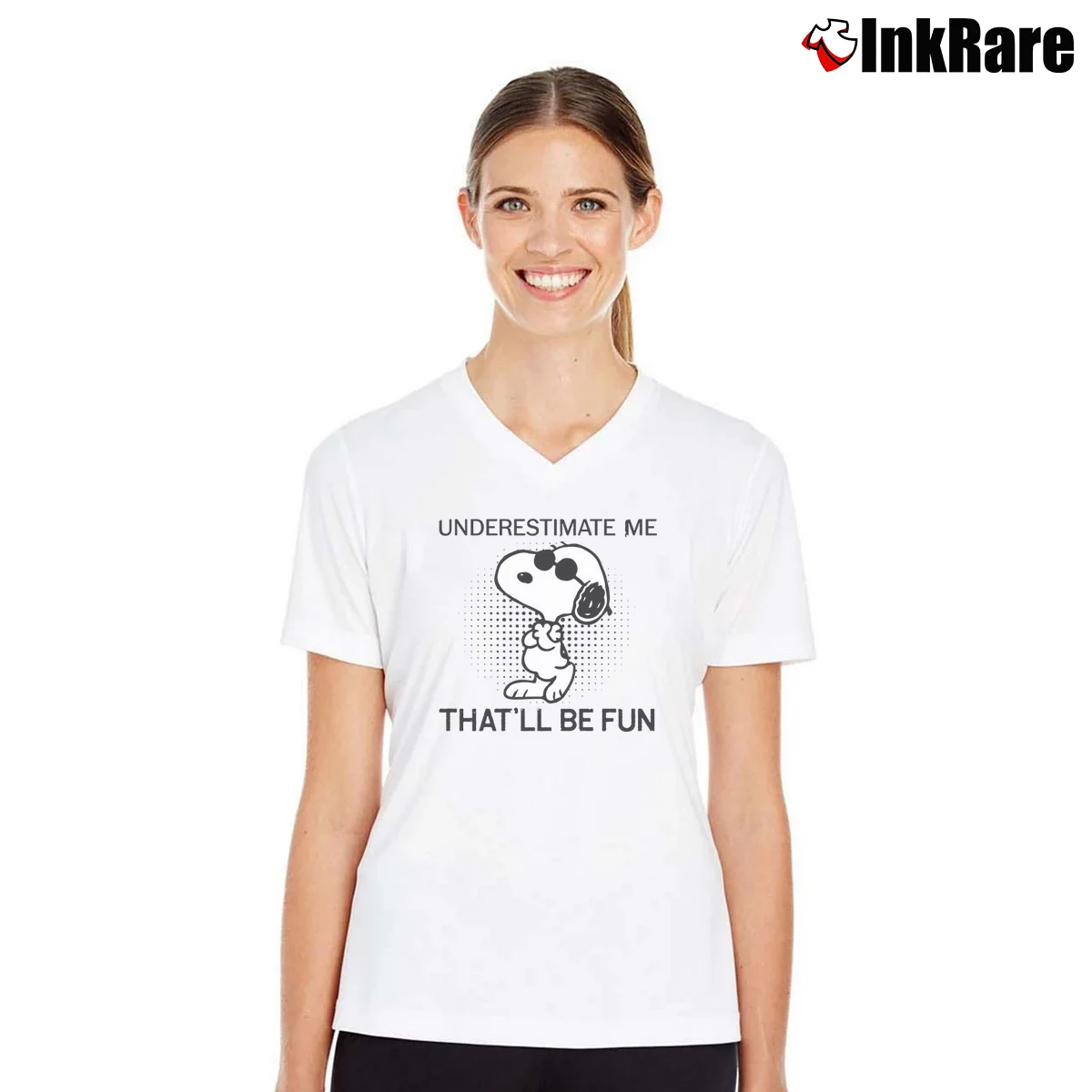Snoopy Underestimate Me That’ll Be Fun Women’s V-Neck Tee in white – Flattering Fit Women’s Snoopy Underestimate Me That'll Be Fun V-Neck Tee in white | Chic Neckline, Soft Texture