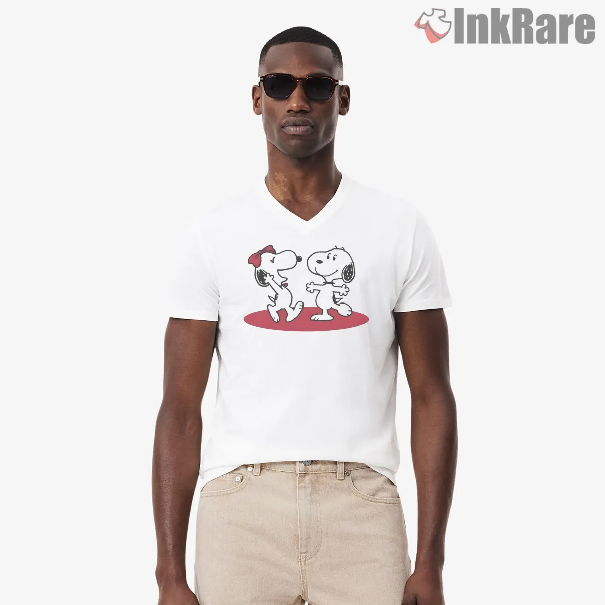 Snoopy Valentine Couple Shirt on white v-neck shirt for men graphic tee