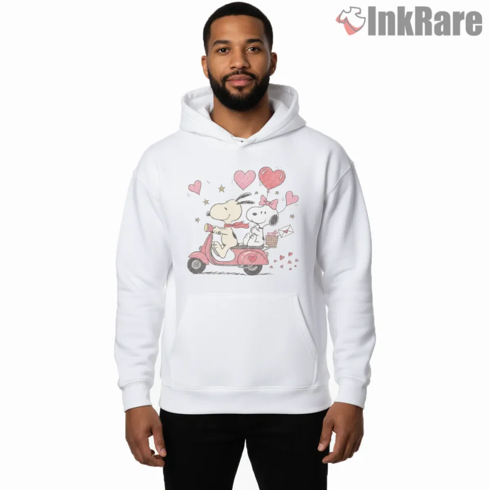 Snoopy Valentine Scooter Hearts Shirt on white hoodie for men graphic tee