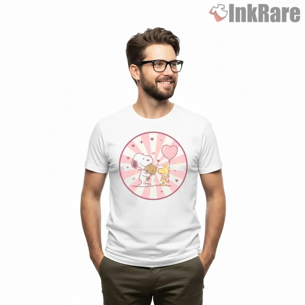 Snoopy Valentines Day Heart Bouquet Shirt on white short sleeve shirt for men graphic tee