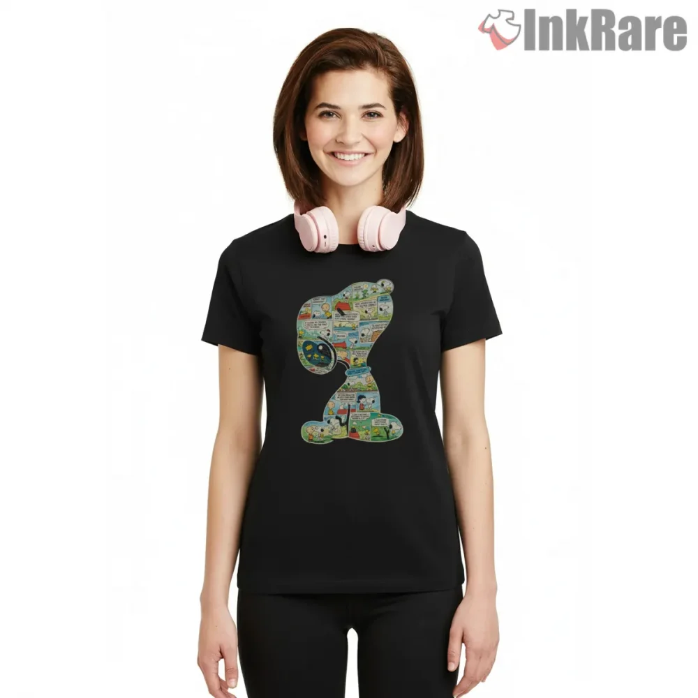 Snoopy Vintage Comic Strip Collage Art Shirt on black short sleeve shirt for women graphic tee