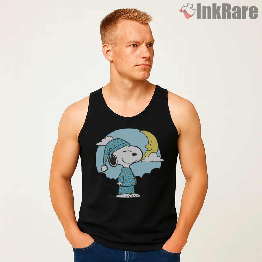 Snoopy Wakes Up Pajama Night Sky Shirt on black tank top for men graphic tee