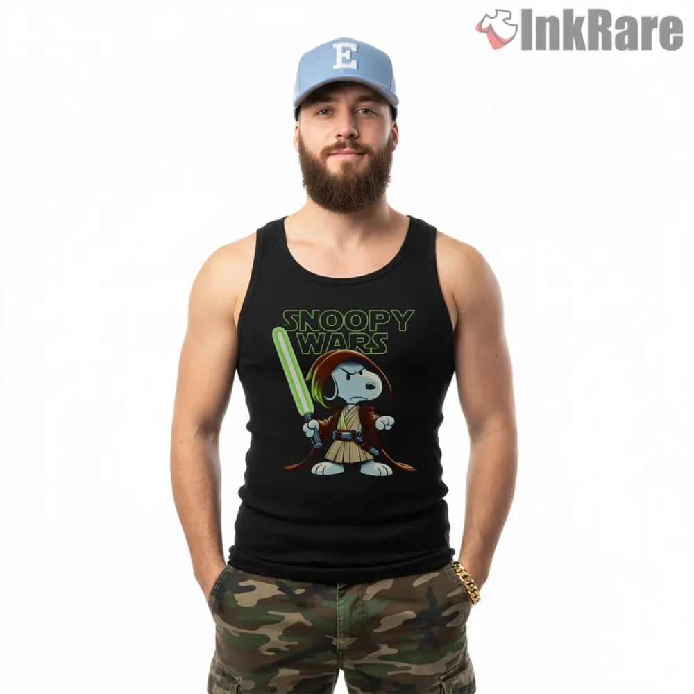 Snoopy Wars Jedi Parody With Lightsaber Shirt on black tank top for men graphic tee