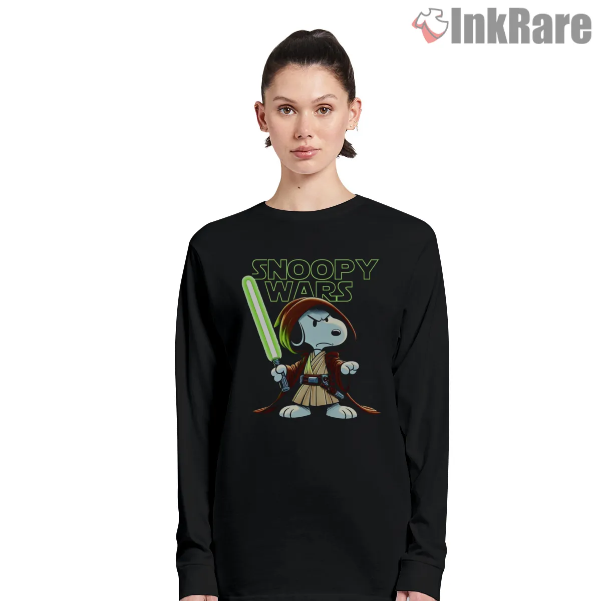 Snoopy Wars Jedi Parody With Lightsaber Shirt on black long sleeve shirt for women graphic tee
